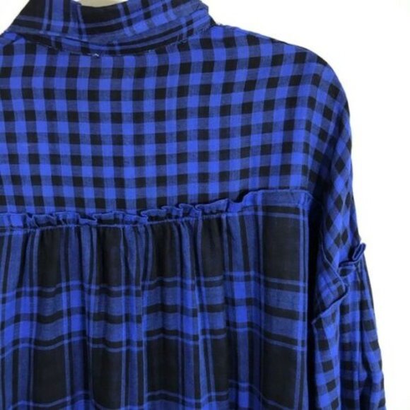 Blue Cotton Plaid Check Button Up Blouse S M L - Picture 6 of 10